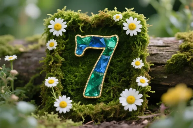 Een glinsterende 7 van blauwe en groene edelstenen staat op een weelderige groene moslijst tussen witte madeliefjes in een rustieke tuin.
