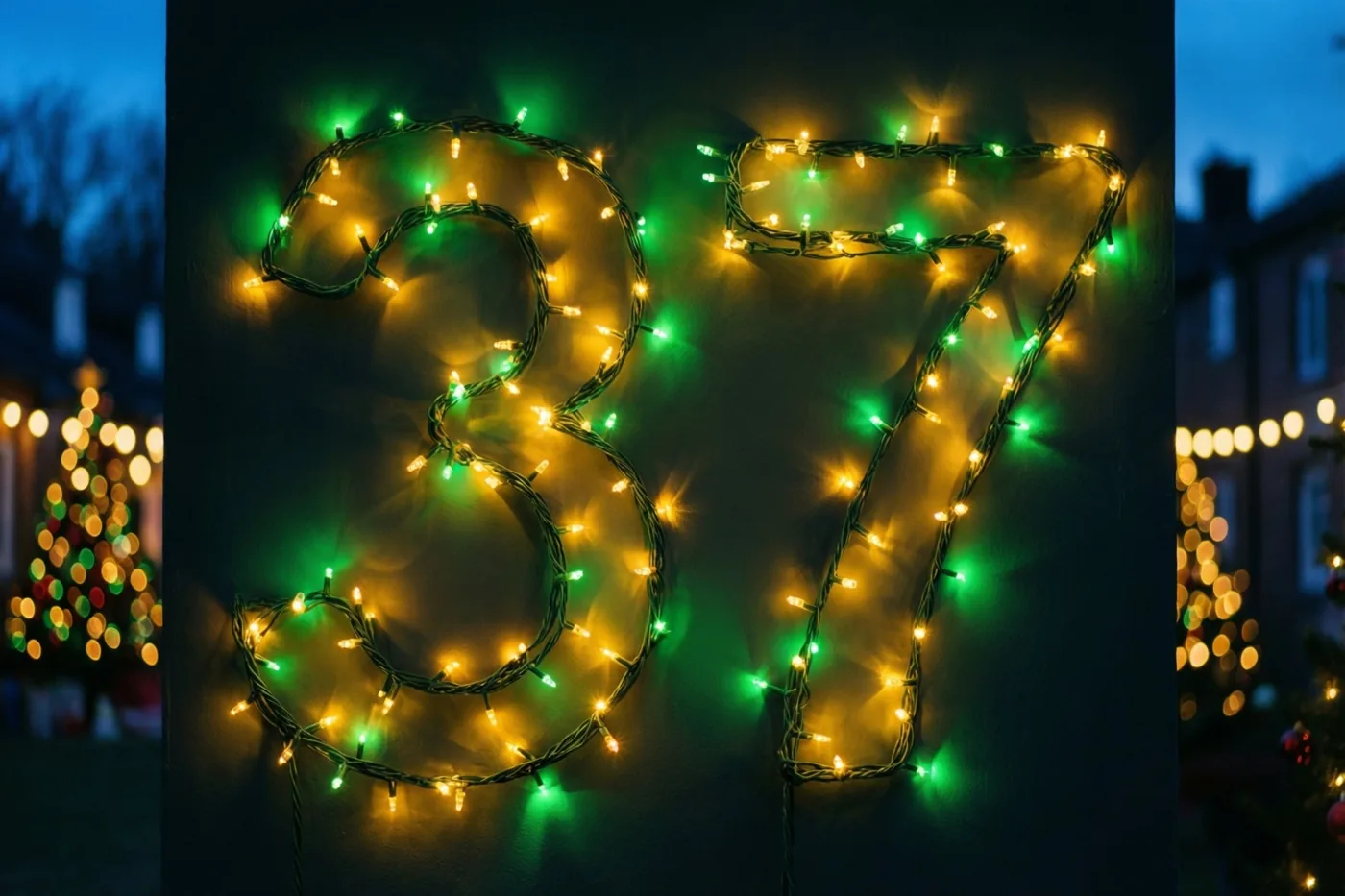 Warme lichtjes vormen het getal 37 op een donkere muur, met onscherpe gele en groene feestlichtjes op de achtergrond.