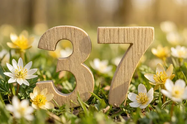 Houten cijfers 37 staan rechtop in een zonnige groene weide met kleine witte en gele lentebloemen.