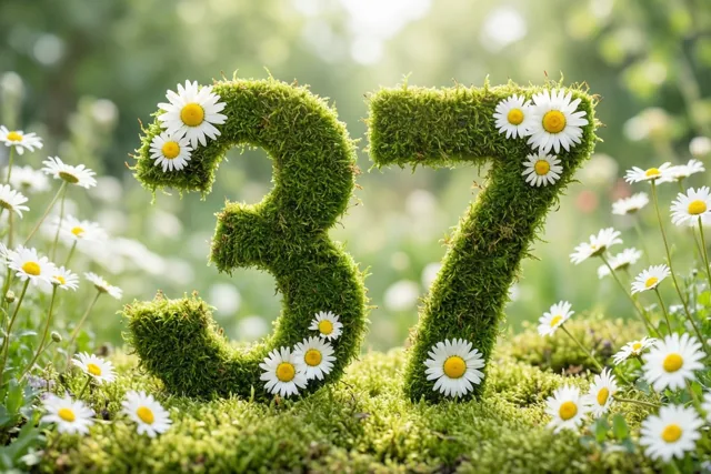 Het getal 37 is gemaakt van groen mos met witte madeliefjes en staat in een landelijke tuin tegen een onscherpe natuurlijke achtergrond.