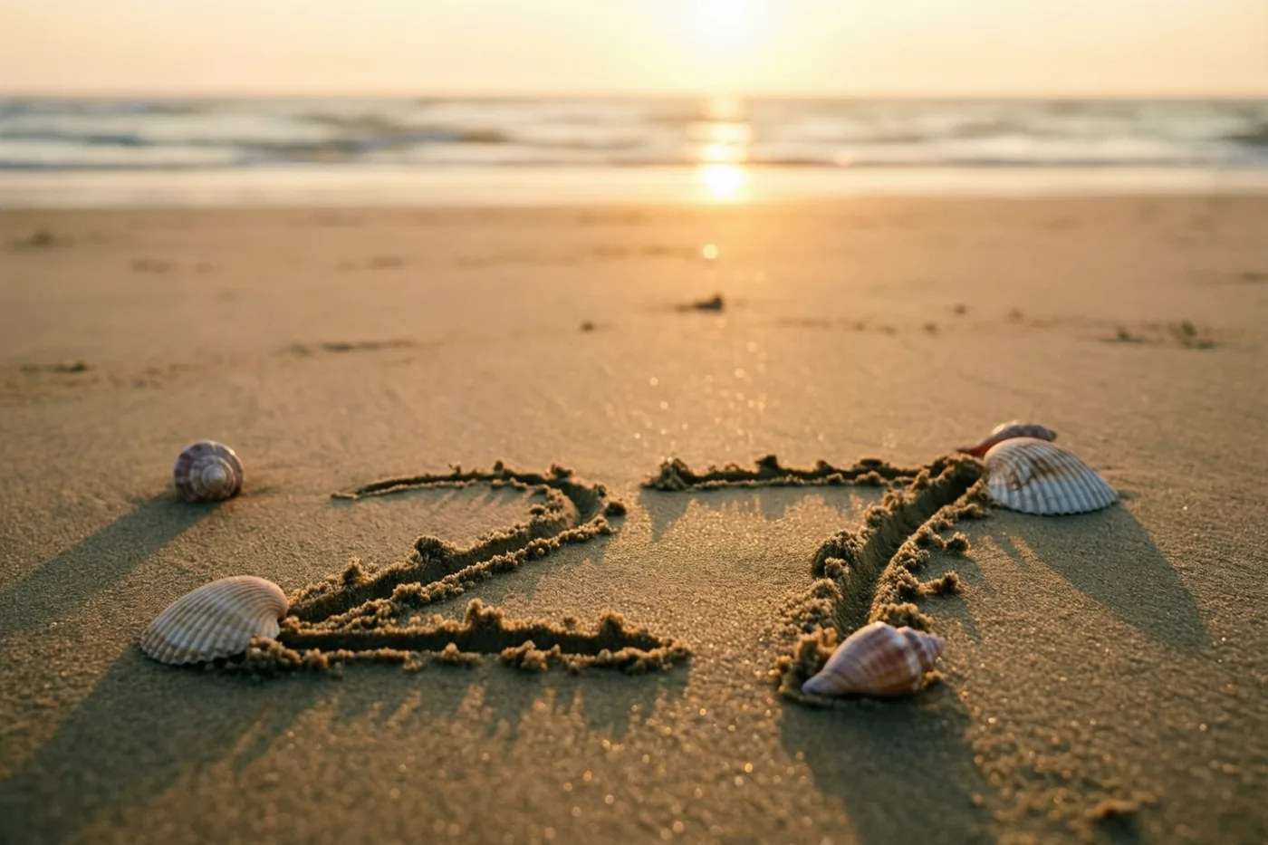 Het getal 27 is in het zand getekend tussen schelpen op een strand bij zonsondergang, met de zee op de achtergrond in warm goud licht.