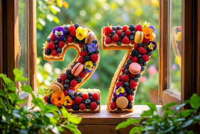 Een taart in de vorm van 27 met bessen, macarons en eetbare bloemen staat op een houten vensterbank met een zonnige, onscherpe tuin op de achtergrond.