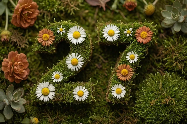 Een met mos begroeide haag vormt het getal 27 en is versierd met witte madeliefjes en oranje bloemen, tussen mos en vetplanten in een landelijke tuin.