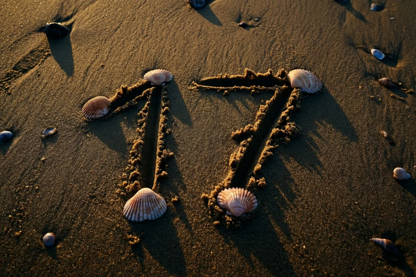 Het getal 17 is in strandzand getekend, omringd door verspreide schelpen in het warme gouden licht van de zonsondergang.
