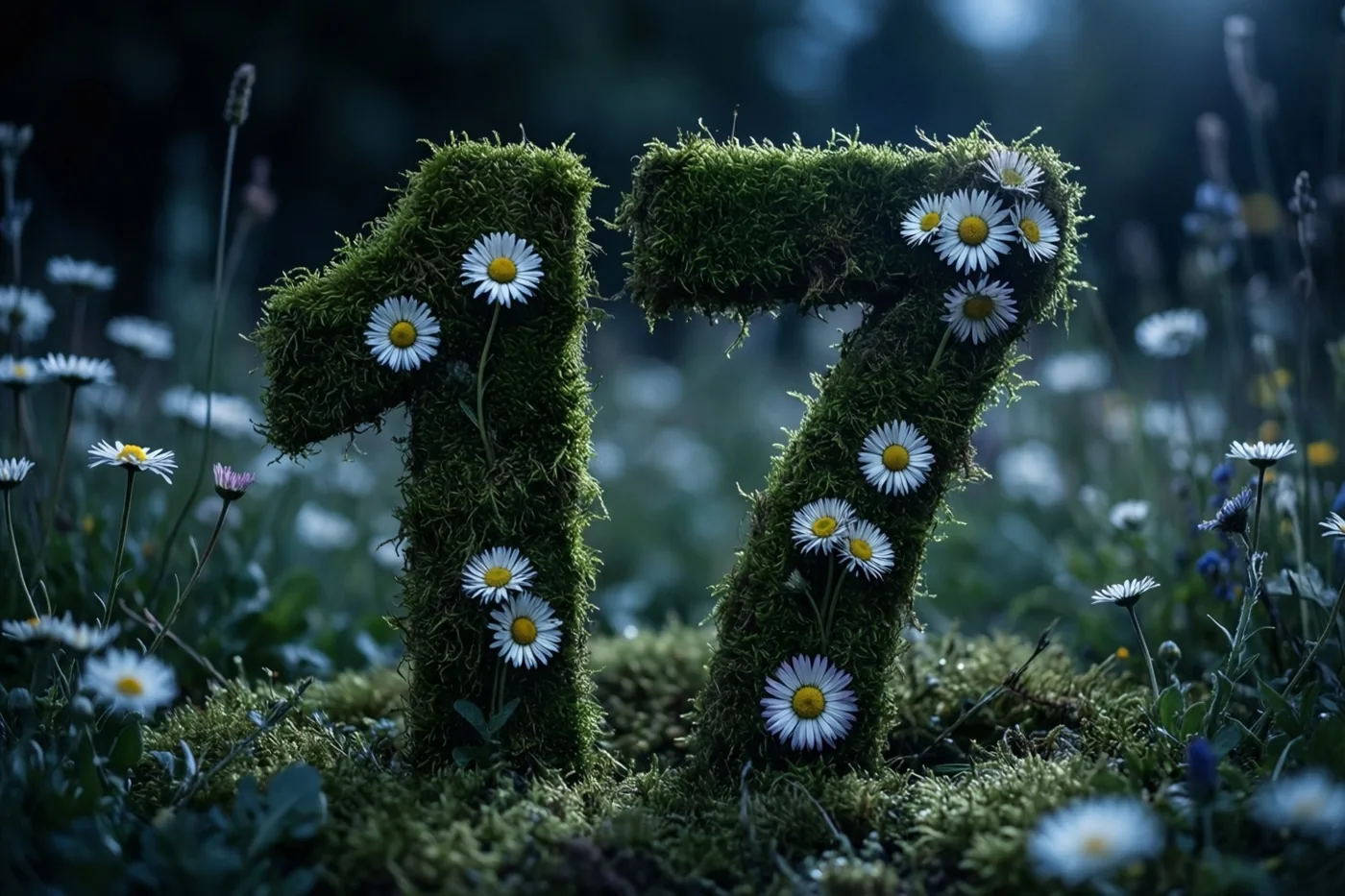 Een bemoste groene haag vormt 17 en is versierd met witte madeliefjes, met onscherpe bloemen op de achtergrond in een landelijke tuin.