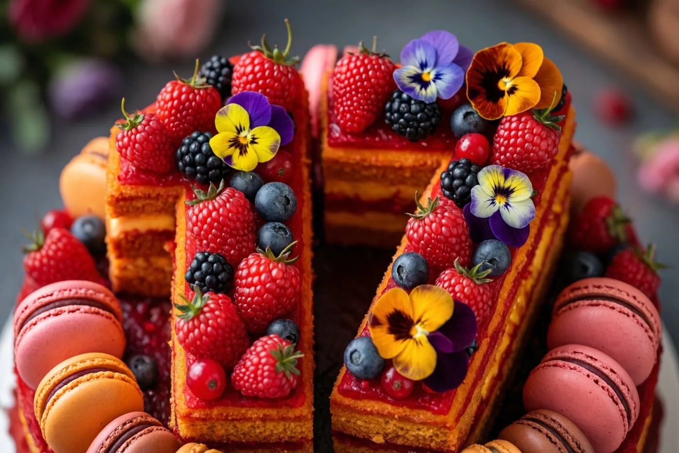 Een fel belichte taart in de vorm van 17 is versierd met frambozen, bramen, blauwe bessen, eetbare bloemen en macarons, met een onscherpe achtergrond.