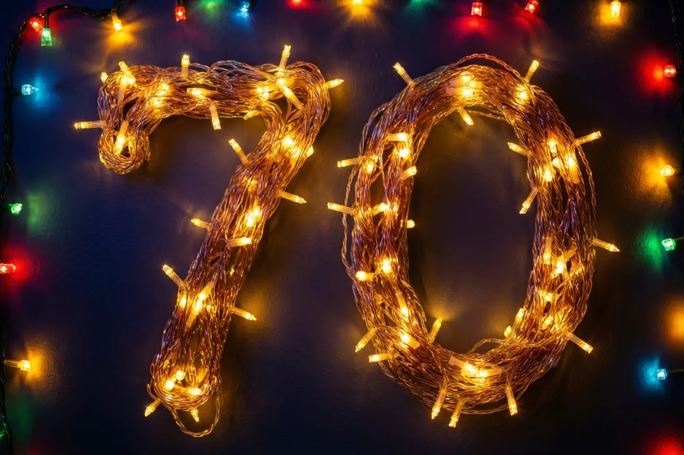 Het getal 70 is gemaakt van warme lichtjes tegen een donkere muur, met wazige gekleurde lichtjes op de achtergrond.