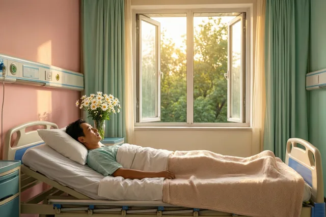 Een man ligt in een ziekenhuisbed bij een open raam en kijkt naar zonlicht tussen de bomen, met roze muren, turquoise gordijnen en een vaas madeliefjes op het nachtkastje.