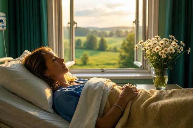 Een vrouw rust onder een beige deken in een ziekenhuisbed bij een open raam in warm zonlicht, met witte madeliefjes op het nachtkastje, groene gordijnen en een landelijk uitzicht.