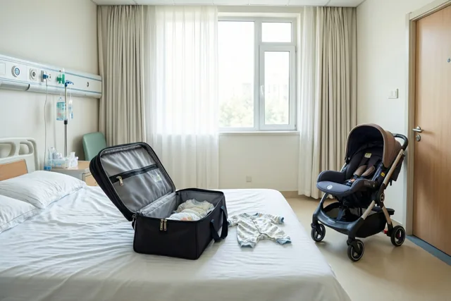 In een ziekenhuiskamer staan een bed, een open zwarte tas met babykleertjes en een kinderwagen bij de deur, verlicht door daglicht uit een raam.