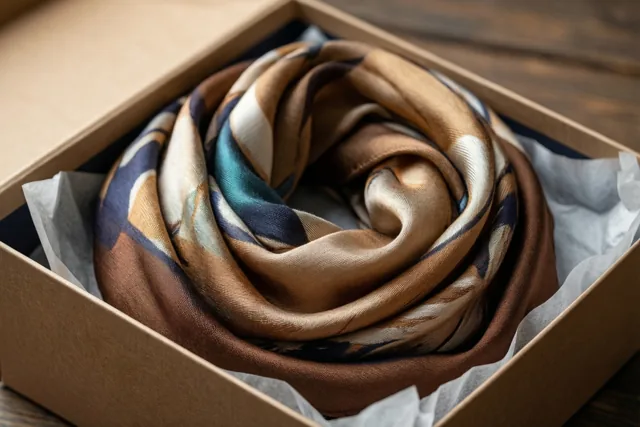 Een zijden sjaal met abstracte patronen in aardetinten ligt opgerold in een open kartonnen geschenkdoos met vloeipapier op een houten oppervlak.