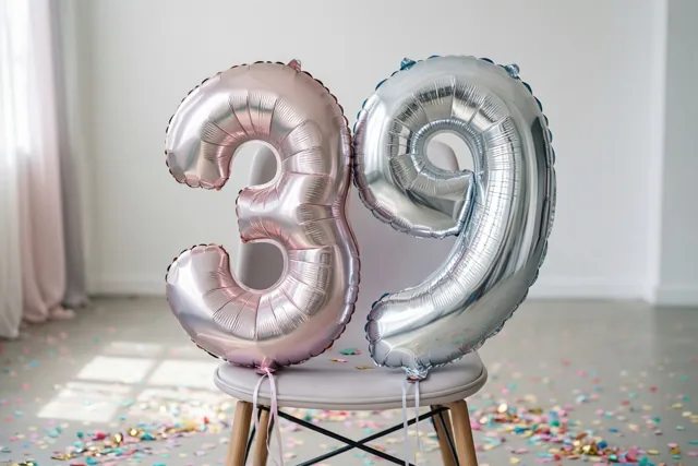 Zilveren en roségouden folieballonnen vormen 39 aan een stoel in een lichte kamer met kleurrijke confetti op de vloer.