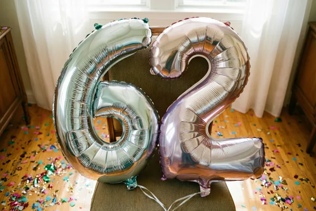 Glanzende zilveren en pastelkleurige ballonnen in de vorm van 6 en 2 zijn vastgemaakt aan een stoel, met gekleurde confetti op de houten vloer.