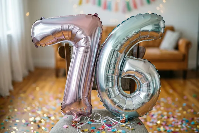 Grote zilveren en pastelroze folieballonnen in de vorm van 7 en 6 hangen aan een stoel in een lichte kamer met confetti op de houten vloer.