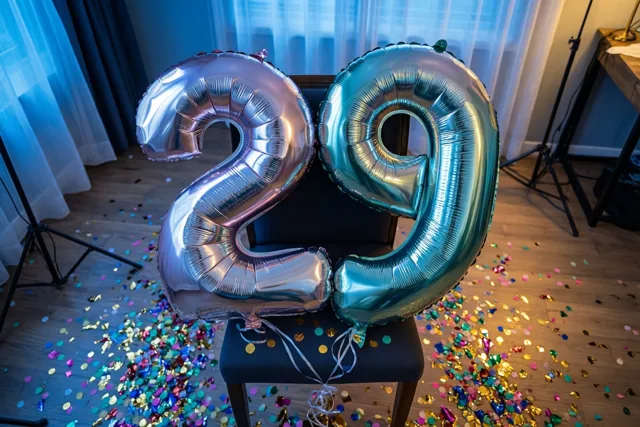 Grote folieballonnen vormen 29 aan een stoel, met een kleurverloop van glanzend zilver naar pastelblauw en confetti op de houten vloer in koel blauw licht.