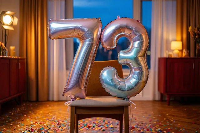 Twee grote zilveren folieballonnen in de vorm van 7 en 3 hangen aan een stoel in een warm verlichte kamer met confetti, gordijnen en meubels.