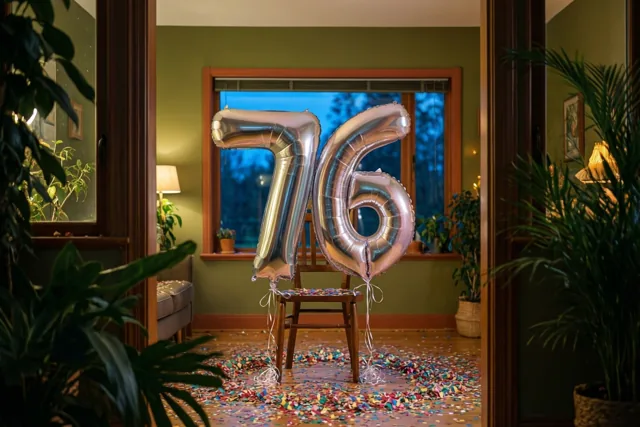 Zilveren folieballonnen vormen 76 aan een houten stoel in een warm verlichte kamer met kleurrijke confetti, kamerplanten en een raam met schemering buiten.