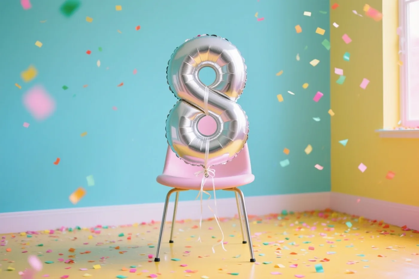 Een grote zilveren ballon in de vorm van een 8 is vastgebonden aan een roze stoel in een kamer met gele muren en een gele vloer, met confetti op de grond en in de lucht.