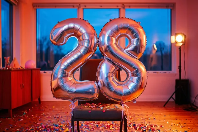 Grote zilveren folieballonnen vormen 28 aan een stoel in een warm verlichte kamer met gekleurde confetti op de vloer en een blauwe avondlucht achter het raam.