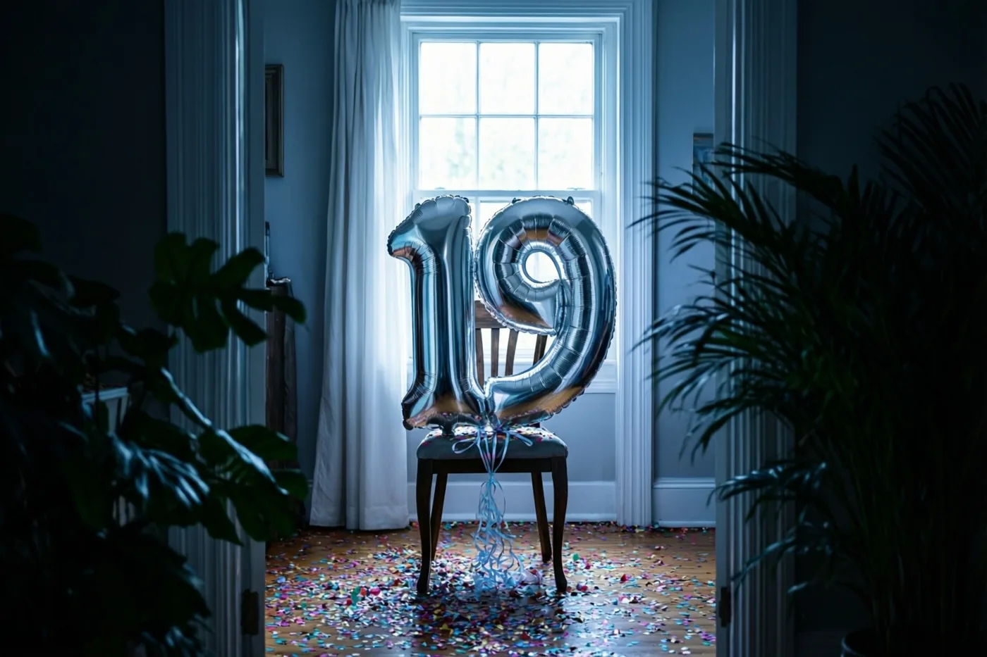 Een zilveren folieballon in de vorm van 19 is vastgebonden aan een stoel in een schemerige kamer met confetti op de houten vloer, donkere planten en een helder raam.