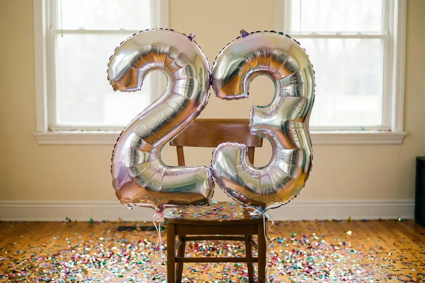 Twee grote zilveren folieballonnen vormen 23 aan een houten stoel in een kamer met daglicht en kleurrijke confetti op de vloer.