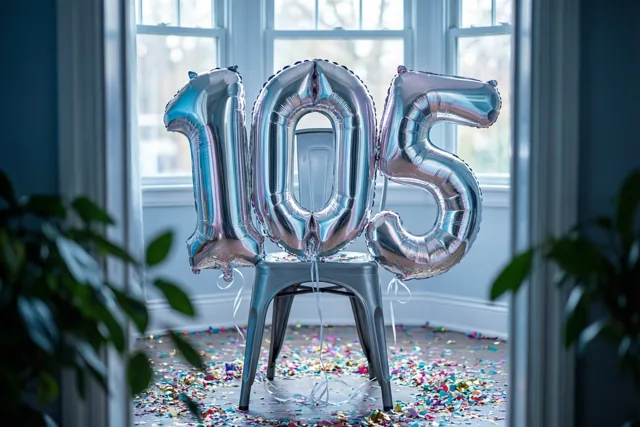Drie zilveren cijferballonnen vormen samen 105 en zijn vastgebonden aan een metalen stoel in een lichte kamer met een raam, blauwe muren, groene planten en confetti op de vloer.