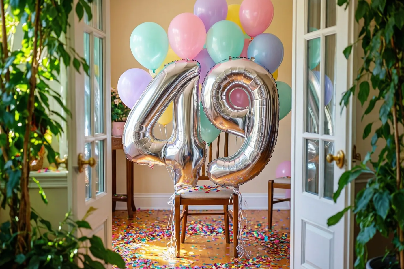 Zilveren cijferballonnen 49 zijn vastgemaakt aan een houten stoel in een lichte kamer met pastelballonnen, confetti op de vloer, open deuren en groene planten.