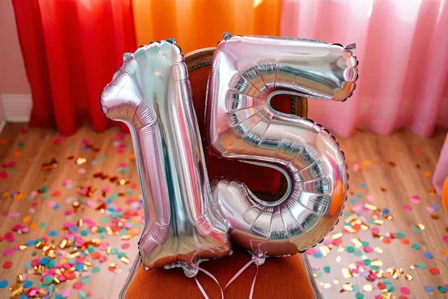 Zilveren folieballonnen vormen 15 aan een stoel in een lichte kamer met kleurrijke confetti op de houten vloer en rode en roze gordijnen.