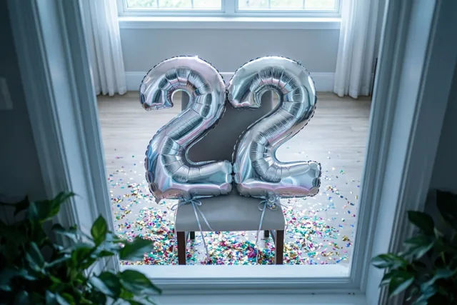 Door een deuropening zijn twee zilveren ballonnen in de vorm van 22 aan een stoel te zien, met confetti op de vloer en groene planten op de voorgrond.