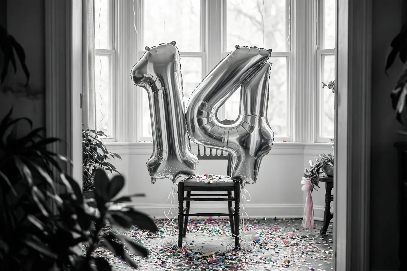 Twee grote zilveren cijferballonnen vormen 14 aan een stoel in een lichte kamer met confetti op de vloer, in een grotendeels zwart-wit beeld met kleuraccenten.