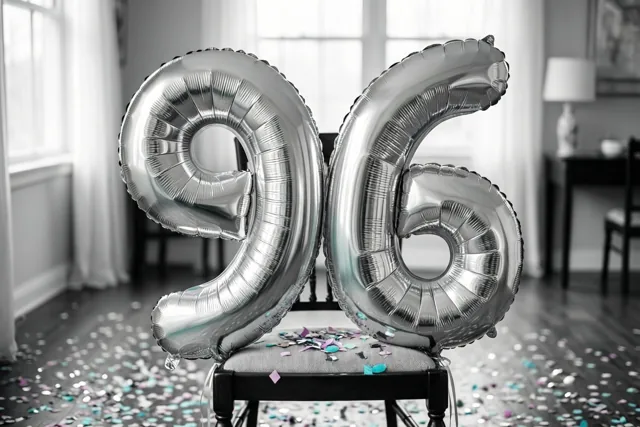 Zilveren folieballonnen vormen 96 aan een stoel in een lichte kamer met kleurrijke confetti op de vloer, terwijl de rest van het beeld monochroom is.