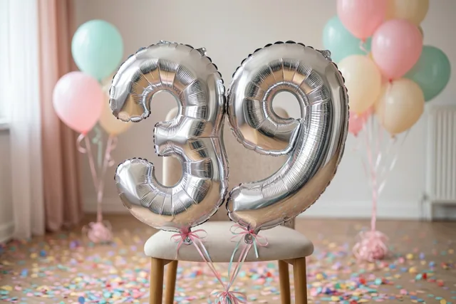 Twee grote zilveren folieballonnen vormen 39 en zijn aan een stoel vastgemaakt in een lichte kamer met kleurrijke confetti op de vloer en pastelballonnen achteraan.