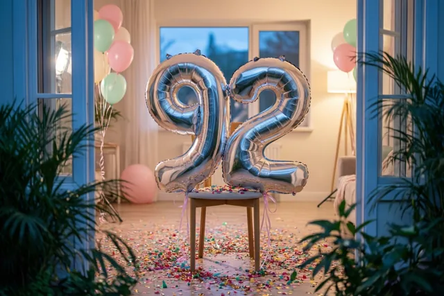 Twee grote zilveren folieballonnen vormen 92 aan een houten stoel in een lichte kamer, met confetti op de vloer en pastelballonnen op de achtergrond.