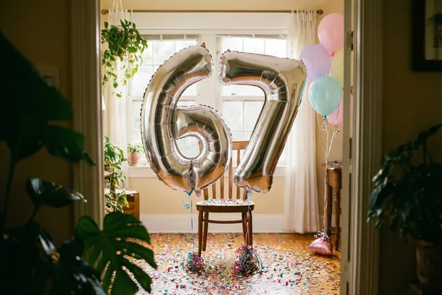 Twee grote zilveren folieballonnen vormen 67 aan een houten stoel in een lichte kamer, met kleurrijke confetti op de vloer en pastelballonnen op de achtergrond.