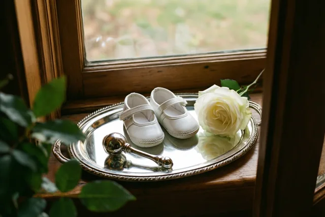 Een spiegelend zilveren dienblad met kleine witte babyschoentjes, een zilveren rammelaar en een witte roos staat op een houten vensterbank in natuurlijk licht.