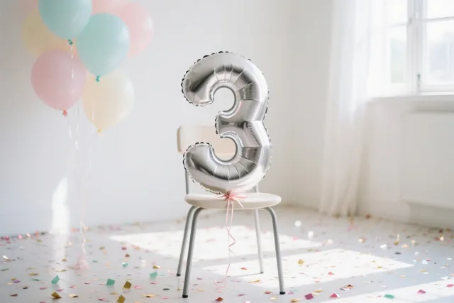 Een grote zilveren cijferballon 3 is vastgemaakt aan een witte stoel in een lichte kamer, met kleurrijke confetti op de vloer en pastelballonnen bij een raam.