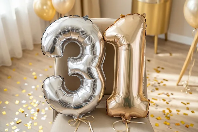 Zilveren en gouden folieballonnen in de vorm van 3 en 1 zijn vastgemaakt aan een stoel in een lichte kamer met confetti op de houten vloer.