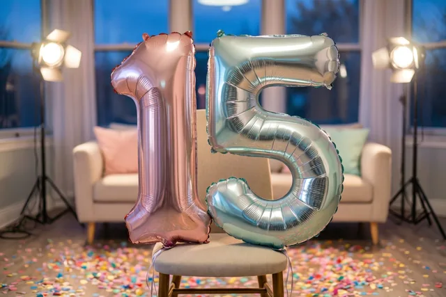 Een zilveren en een roségouden folieballon vormen 15 aan een stoel in een kamer met confetti, studioverlichting en een zetel op de achtergrond.
