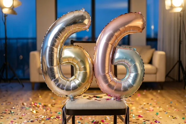 Twee grote folieballonnen in zilver en roségoud vormen 66 en zijn vastgebonden aan een stoel in een moderne kamer met grote ramen, studioverlichting en confetti op de houten vloer.