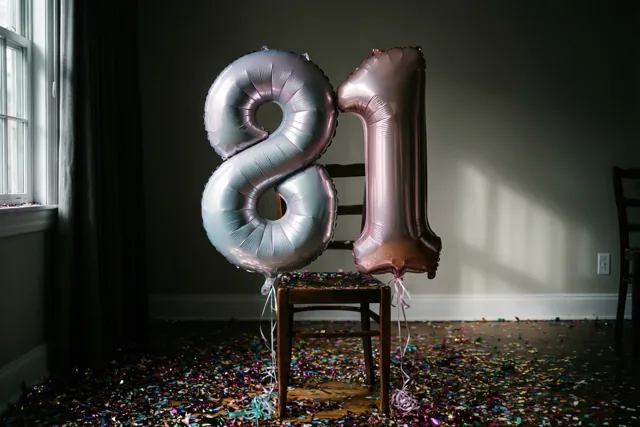 Een zilveren en een roségouden folieballon in de vorm van 8 en 1 hangen aan een houten stoel, met confetti op de vloer en daglicht door een raam.