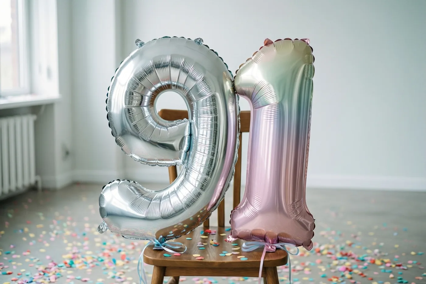 Een zilveren ballon in de vorm van een 9 en een pastelroze ballon in de vorm van een 1 hangen aan een houten stoel met gekleurde confetti op de vloer.