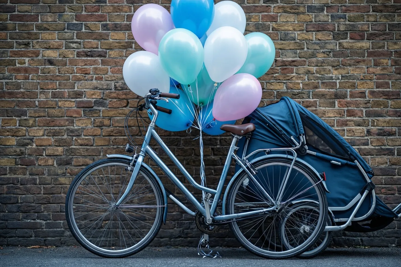 Een zilverkleurige fiets met een blauwe babyfietskar en een tros pastelballonnen leunt buiten tegen een bakstenen muur in gedempte kleuren.