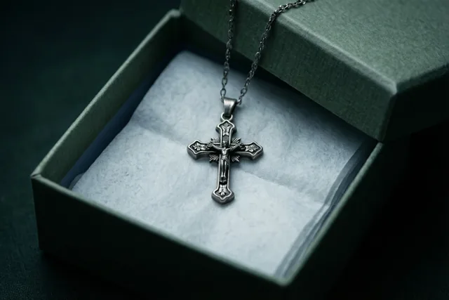 Een zilveren crucifix aan een ketting ligt op wit zijdepapier in een open groen geschenkdoosje tegen een donkergroene achtergrond.
