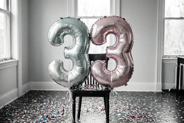Twee grote folieballonnen in zilver en roségoud vormen 33 en zijn aan een zwarte stoel vastgemaakt in een lichte kamer met confetti op de vloer.