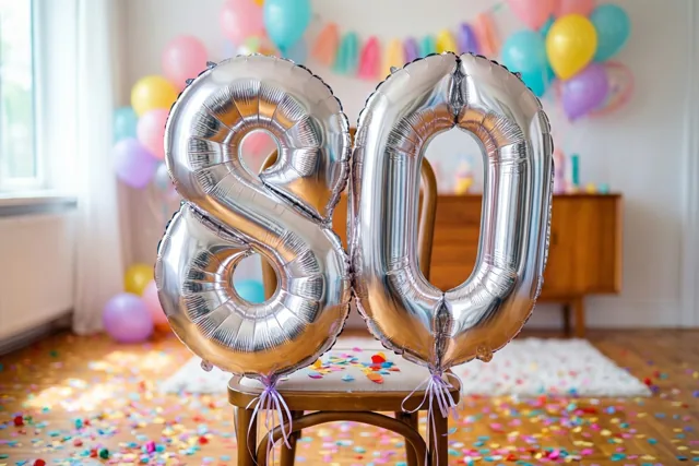 Twee grote zilveren folieballonnen vormen 80 aan een houten stoel in een lichte kamer met gekleurde confetti op de vloer en pastelballonnen op de achtergrond.