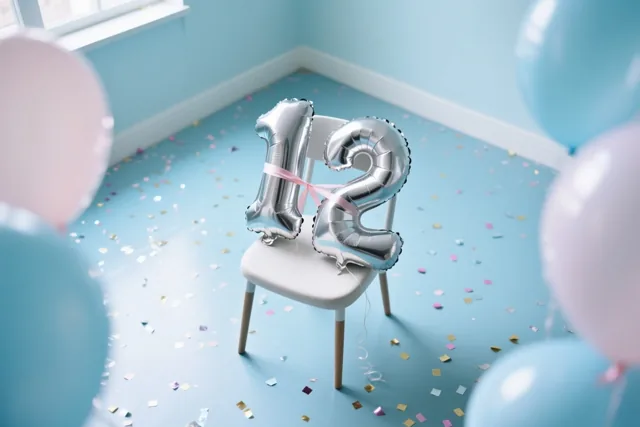 Zilverkleurige cijferballonnen vormen 12 en zijn met een roze lint aan een witte stoel gebonden in een lichtblauwe kamer, met confetti op de vloer en pastelballonnen vooraan.