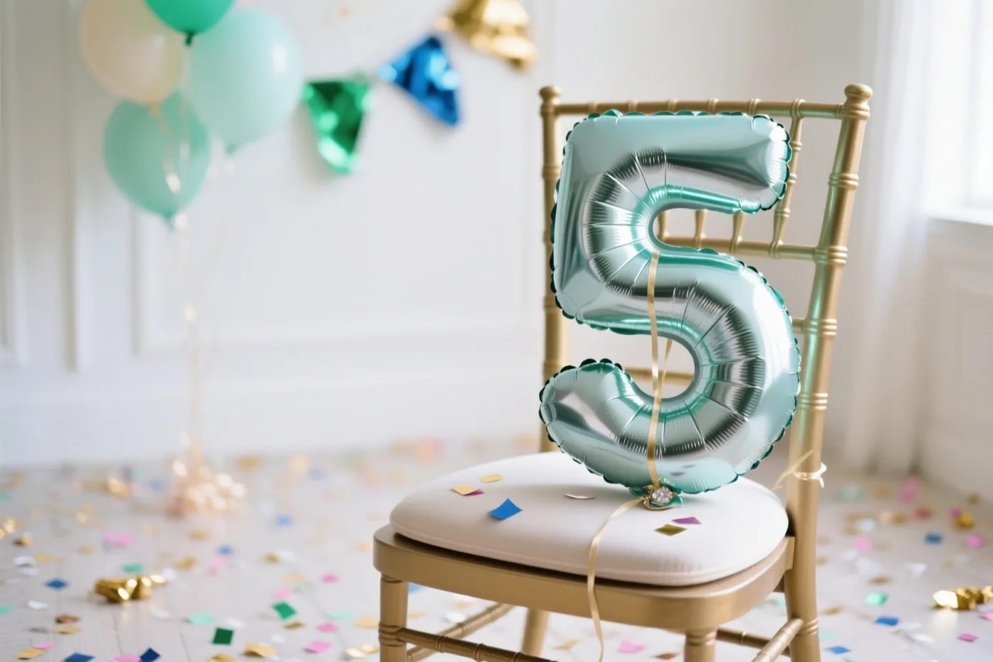 Een grote zilveren cijferballon 5 hangt aan een gouden stoel in een lichte kamer met pastelballonnen en confetti op de vloer.