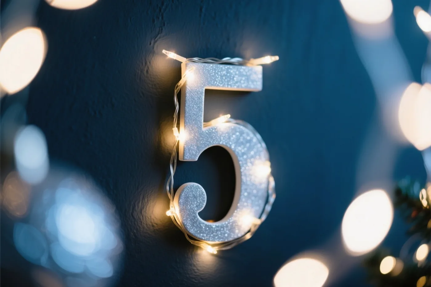 Een glinsterend zilveren cijfer 5 is omwikkeld met warme lichtjes tegen een donkere muur met structuur, met onscherpe feestlichtjes op de achtergrond.