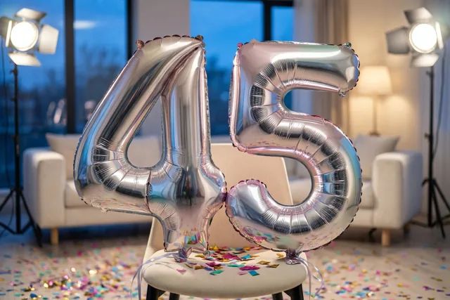 Twee grote zilveren folieballonnen in de vorm van 4 en 5 zijn vastgebonden aan een stoel in een moderne woonkamer met confetti op de vloer en studioverlichting.
