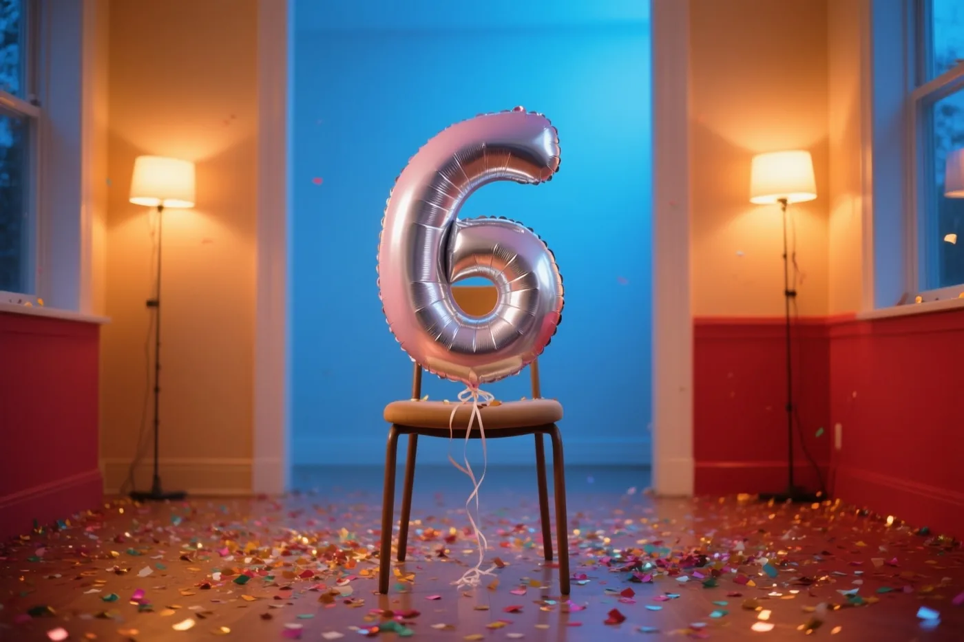 Een grote zilveren ballon in de vorm van het cijfer 6 hangt aan een stoel in een warm verlichte kamer met confetti op de vloer en muren die onderaan rood en bovenaan blauw zijn.